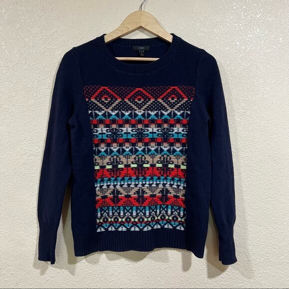 J. Crew navy blue crewneck fair isle geometric wool sweater - Picture 8 of 9